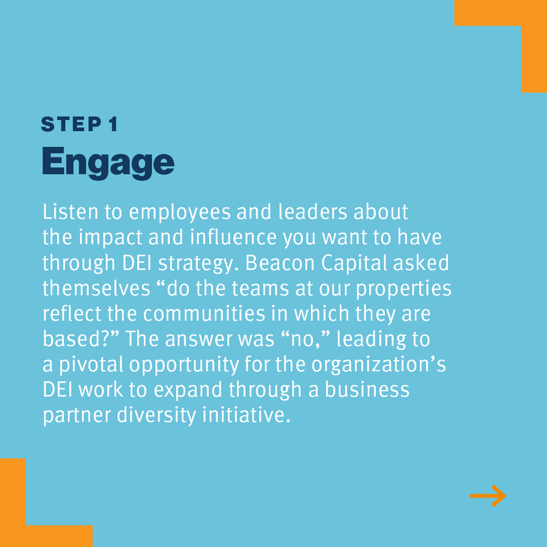 Step 1: Engage Listen to employees and leaders about the impact and influence you want to have through DEI strategy. Beacon Capital asked themselves "do the teams at our properties reflect the communities in which they are based?" The answer was "no," leading to a pivotal opportunity for the organization's DEI work to expand through a business partner diversity initiative.