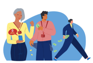 Graphic of three people with money